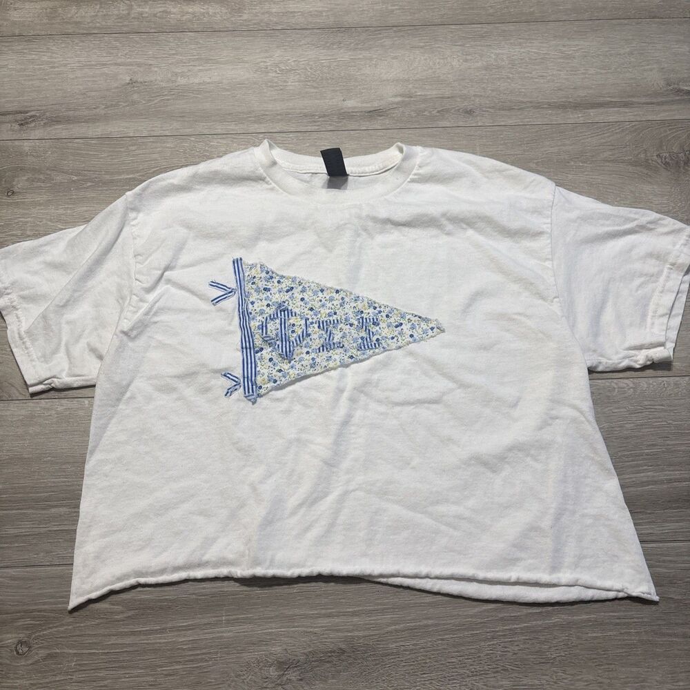 Phi Sigma Sigma Pennant Cut & Sewn Crop Top Sorority Letters Blue Yellow Medium